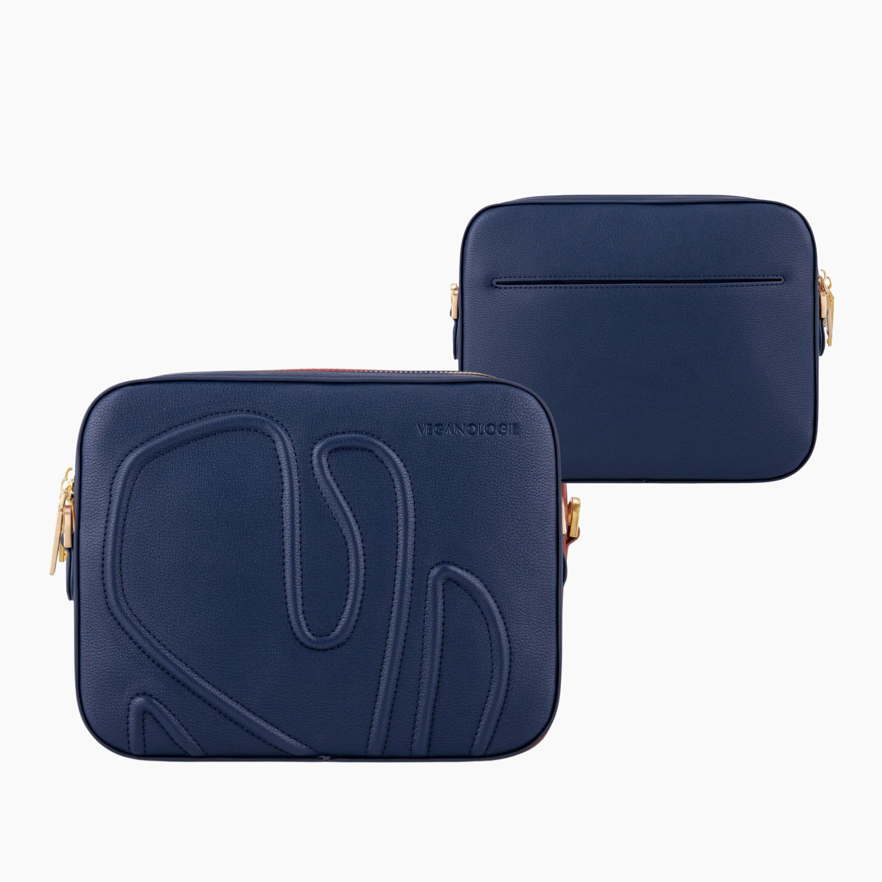 Two navy blue handbags with gold accents on a white background