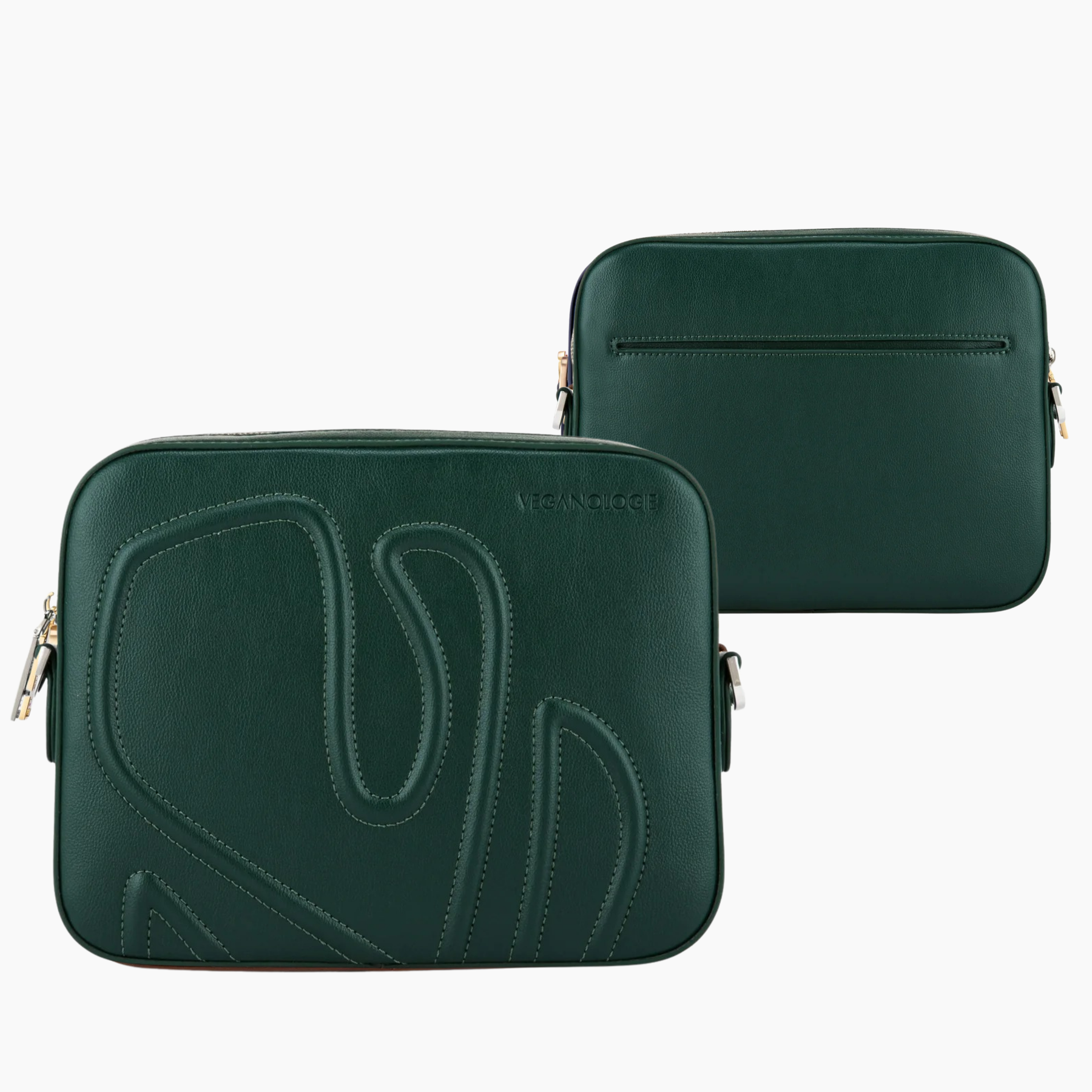Two green leather bags with a brand logo on a white background