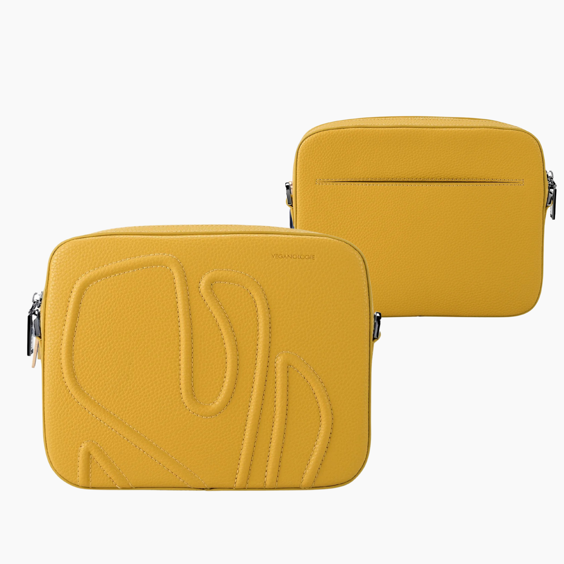 Two mustard yellow bags with a brand logo on a white background