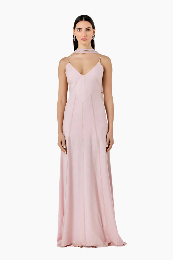 Woman wearing a pink evening gown