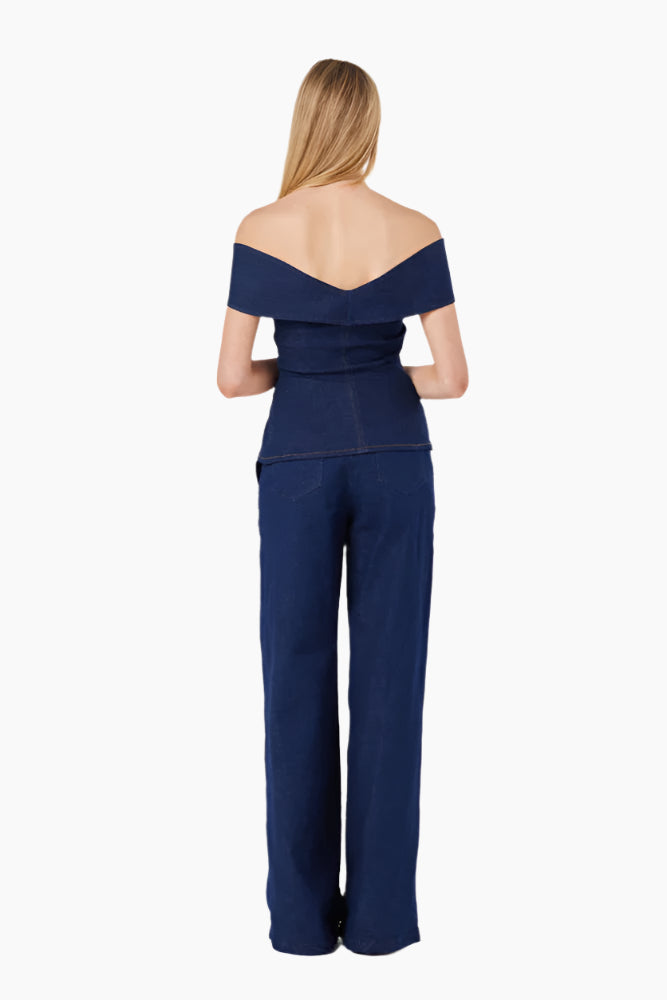 Navy blue off-shoulder top and pants set
