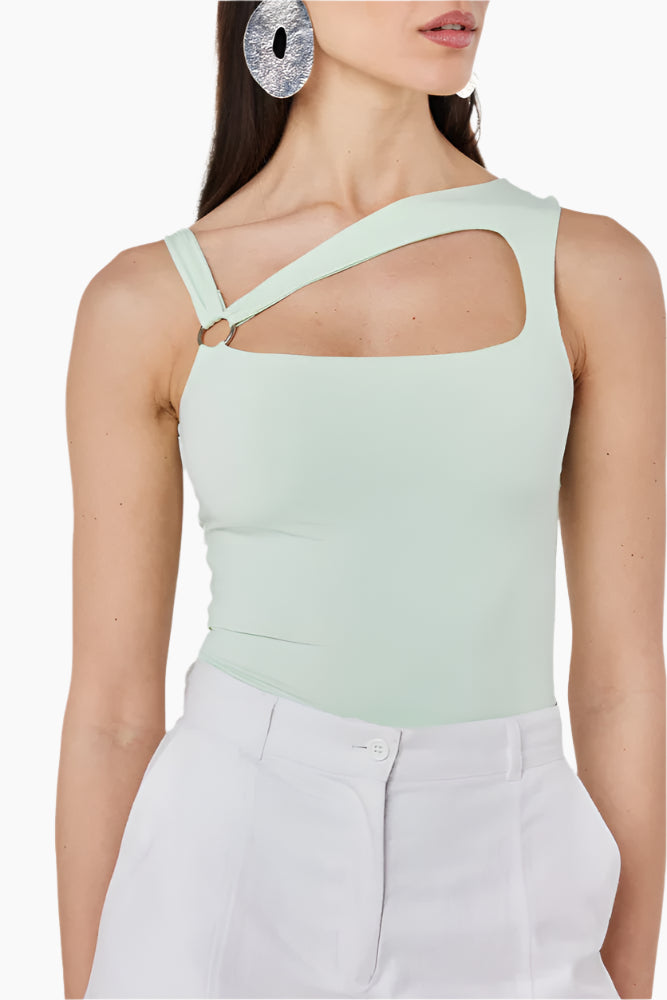 Fitted bodysuit with an asymmetrical neckline and snap button fastening at the bottom.