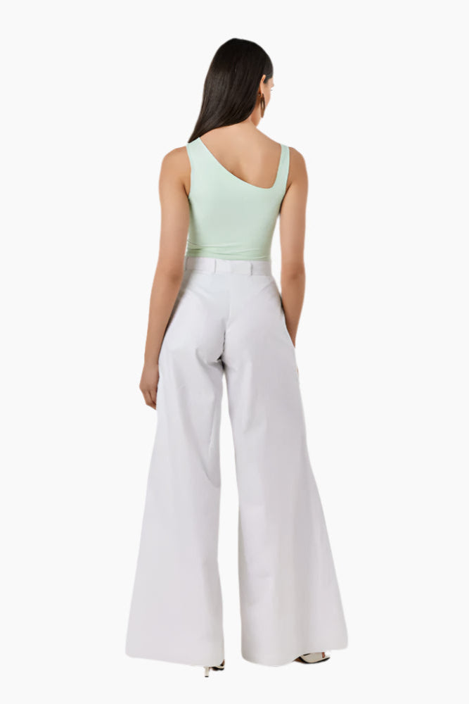Fitted bodysuit with an asymmetrical neckline and snap button fastening at the bottom.