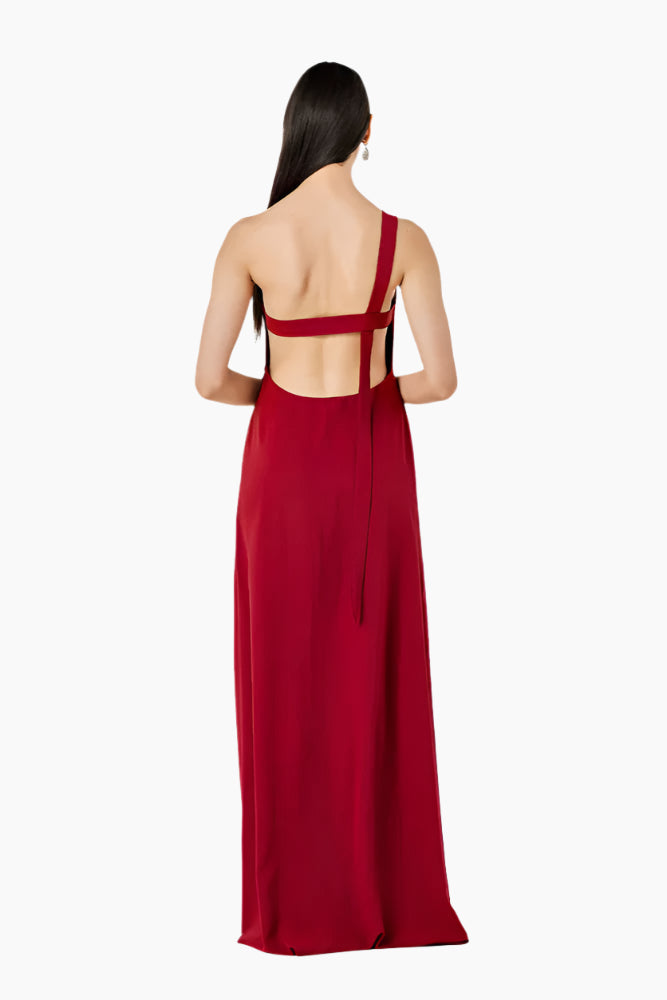 Red evening gown with cut-out back