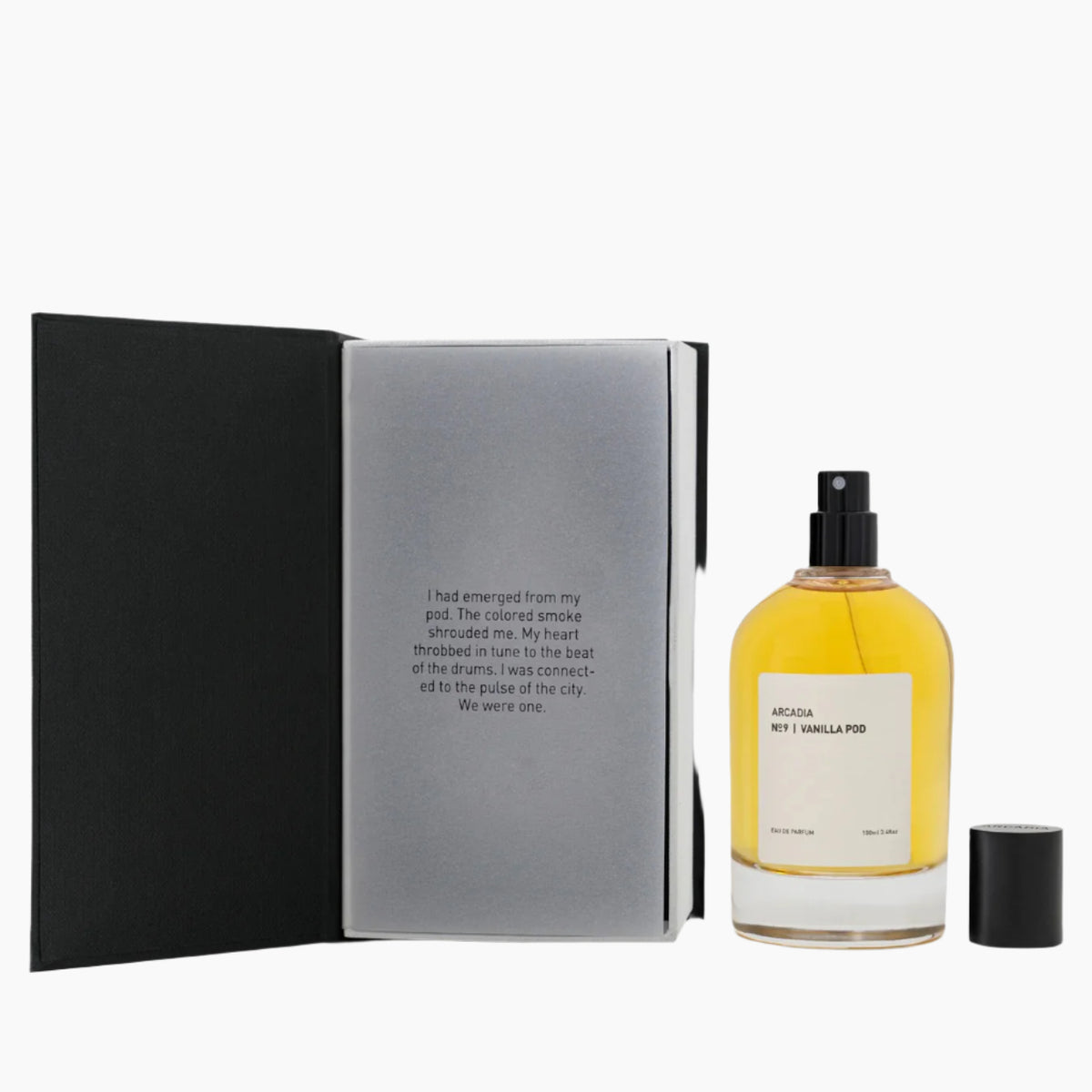 Perfume bottle labeled 'Arcadia No. 1 Vanilla Pod' with inset images of flowers, cloves, and amber. AMBER, VANILLA, PATCHOULI, LEATHER, SANDALWOOD, VETIVER, LABDANUM, CEDAR WOOD AND BALSAM.