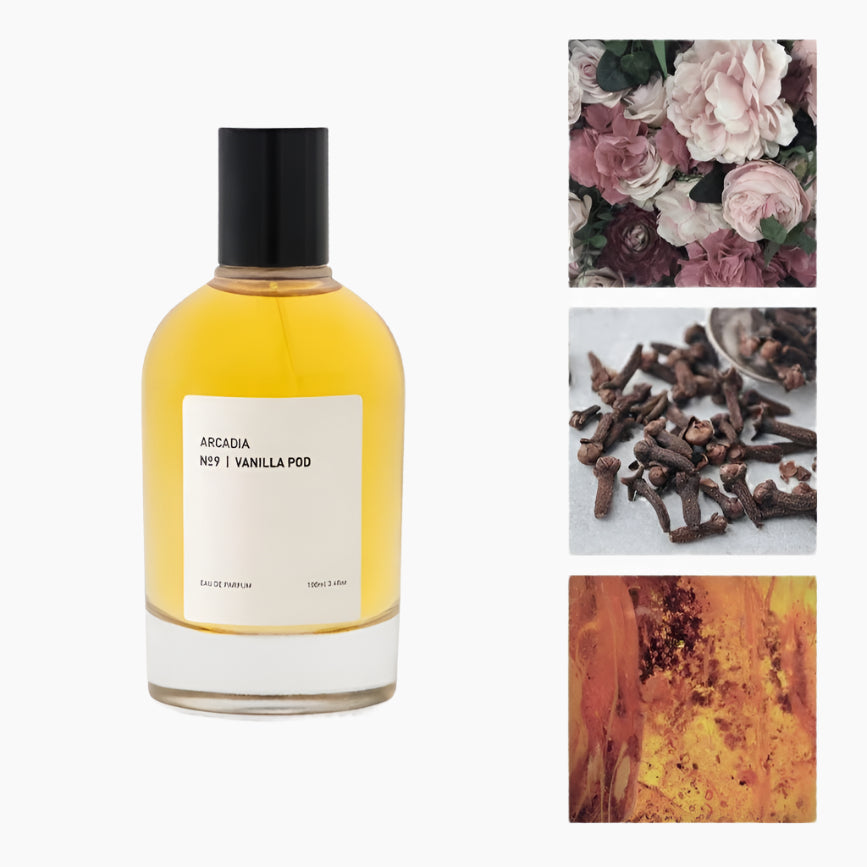 Perfume bottle labeled 'Arcadia No. 1 Vanilla Pod' with inset images of flowers, cloves, and amber. AMBER, VANILLA, PATCHOULI, LEATHER, SANDALWOOD, VETIVER, LABDANUM, CEDAR WOOD AND BALSAM.