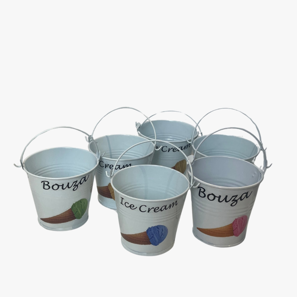 A set of six white metal buckets with the text 'Bouza Ice Cream' printed on them, each with a different color marking inside.
