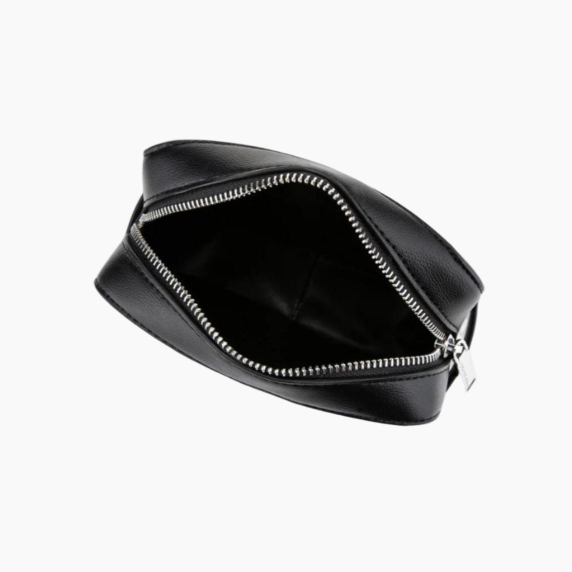 Black leather pouch with zipper on a white background