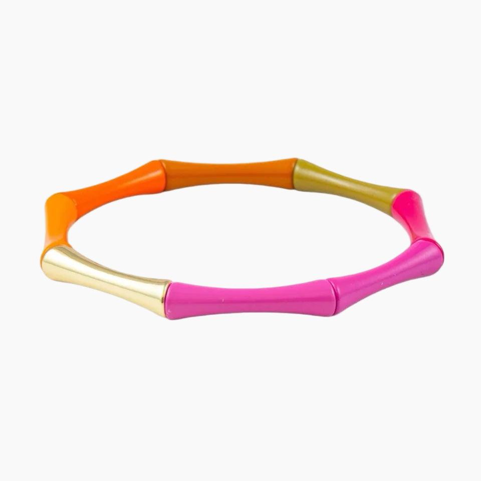 Neon orange, pink, and gold collar on a white background