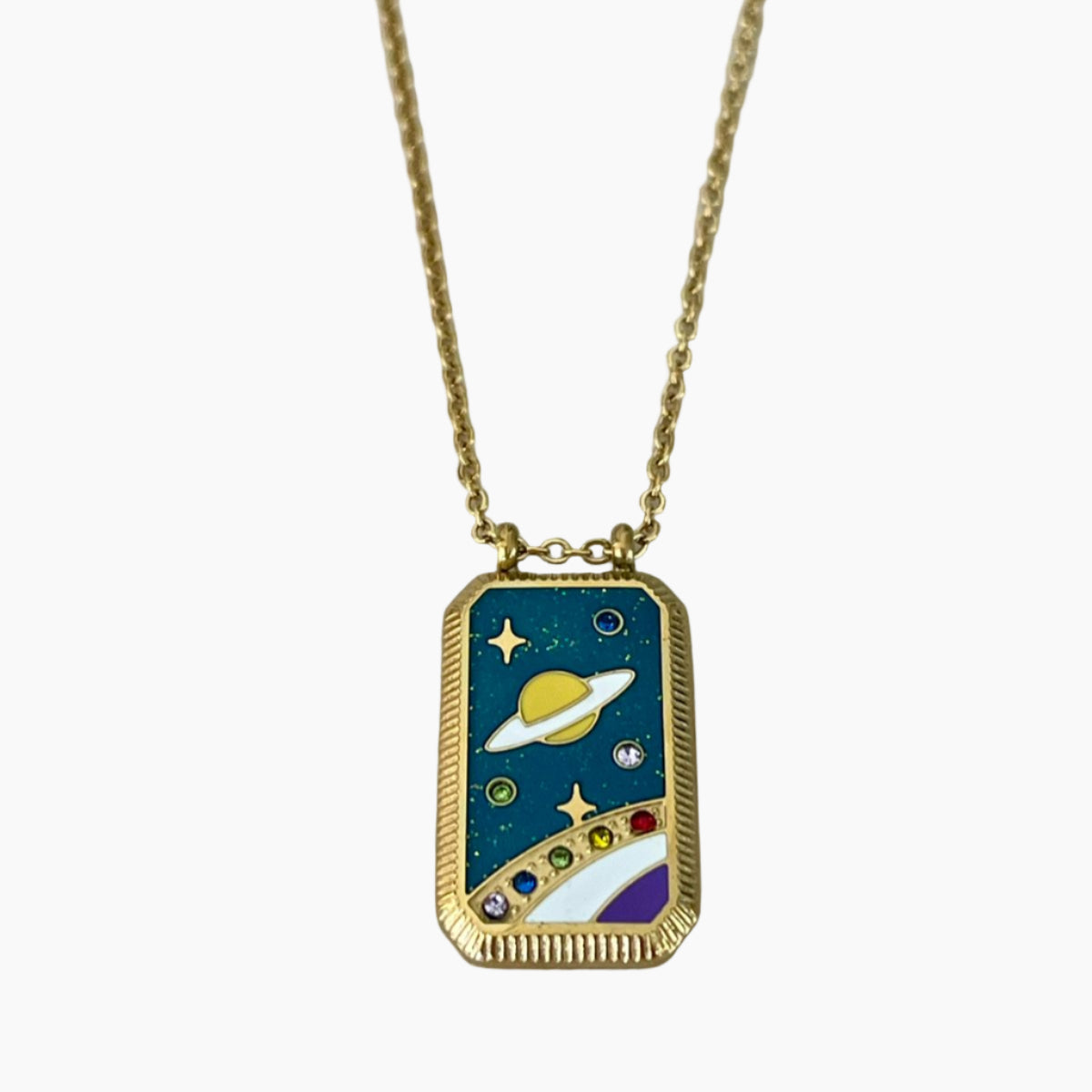 Necklace with a space-themed pendant on a light gray background