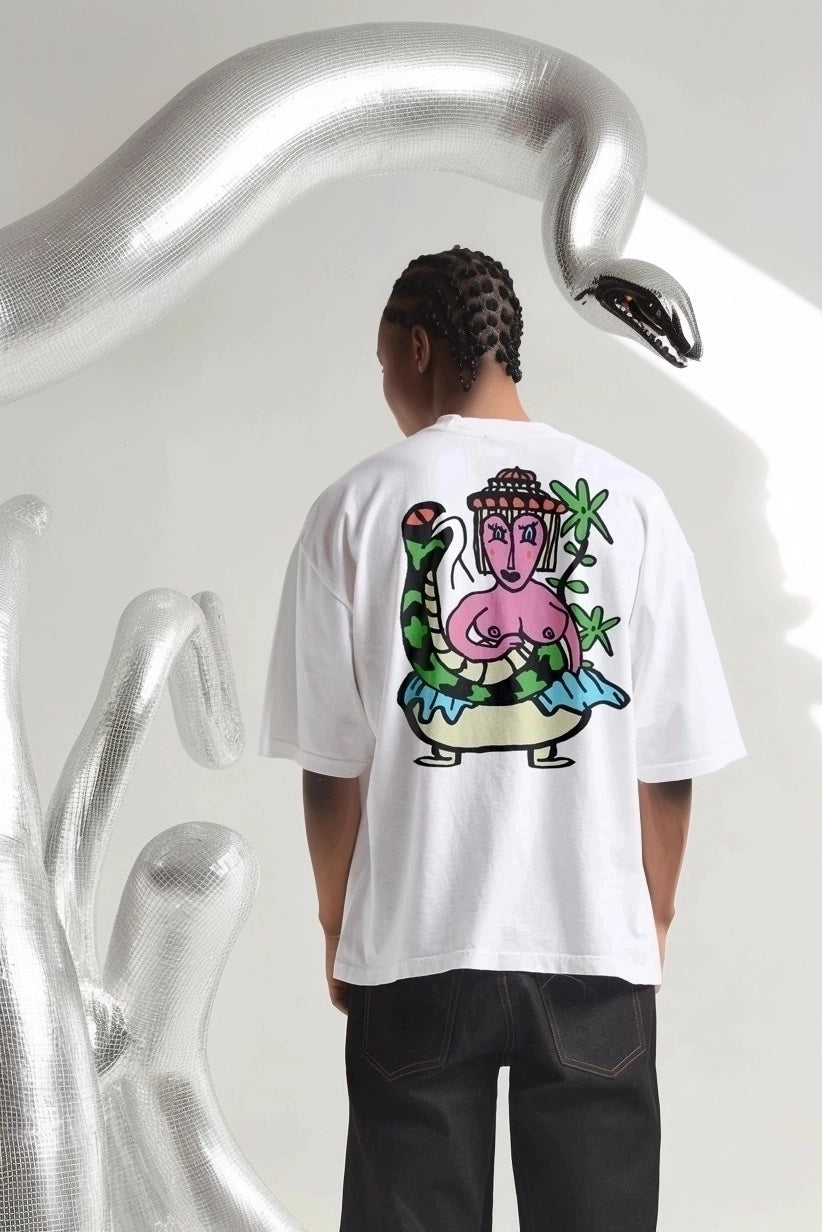 Person wearing a white t-shirt with a colorful graphic design on the back, White Printed T-shirt(Sahmeran)