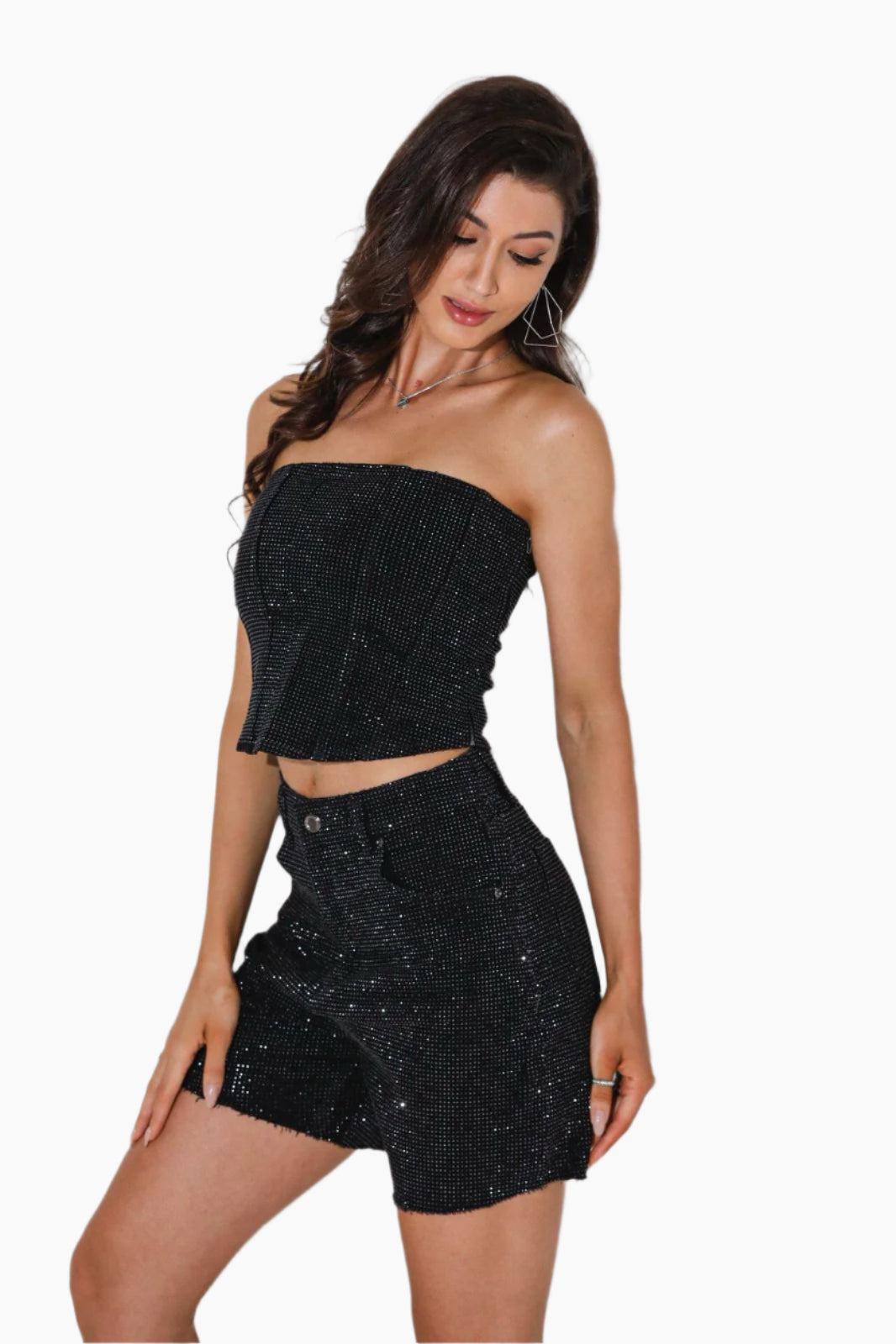 Woman wearing a black sparkly outfit
