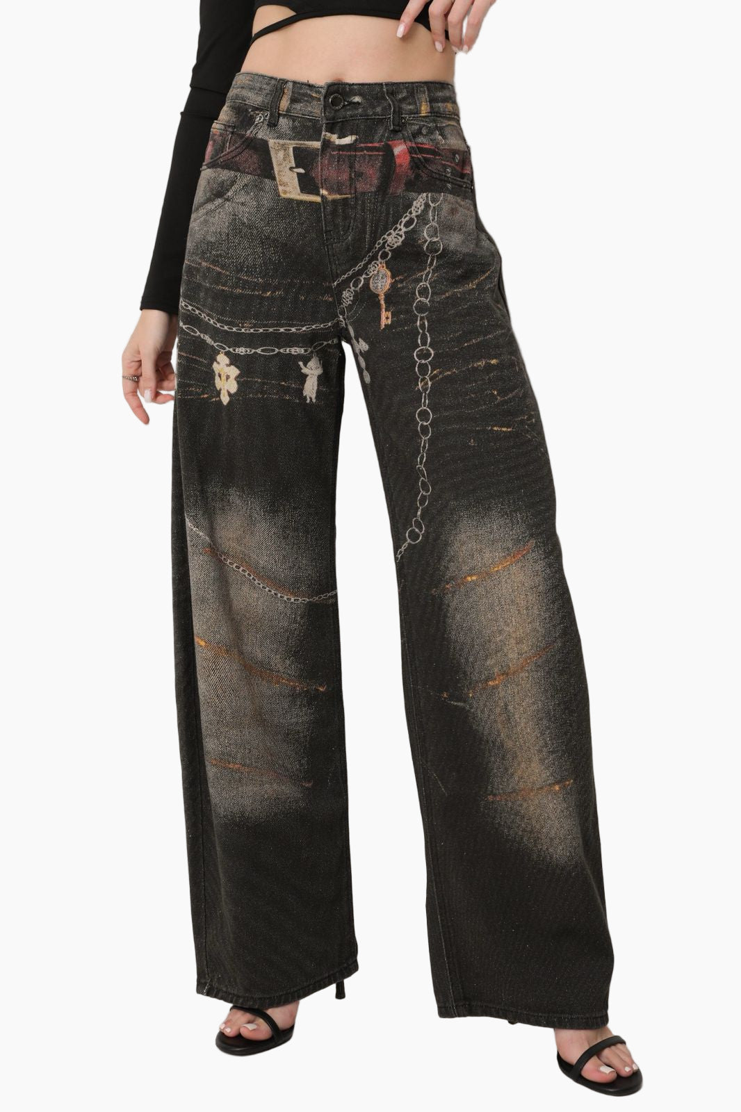 Distressed black jeans with decorative elements