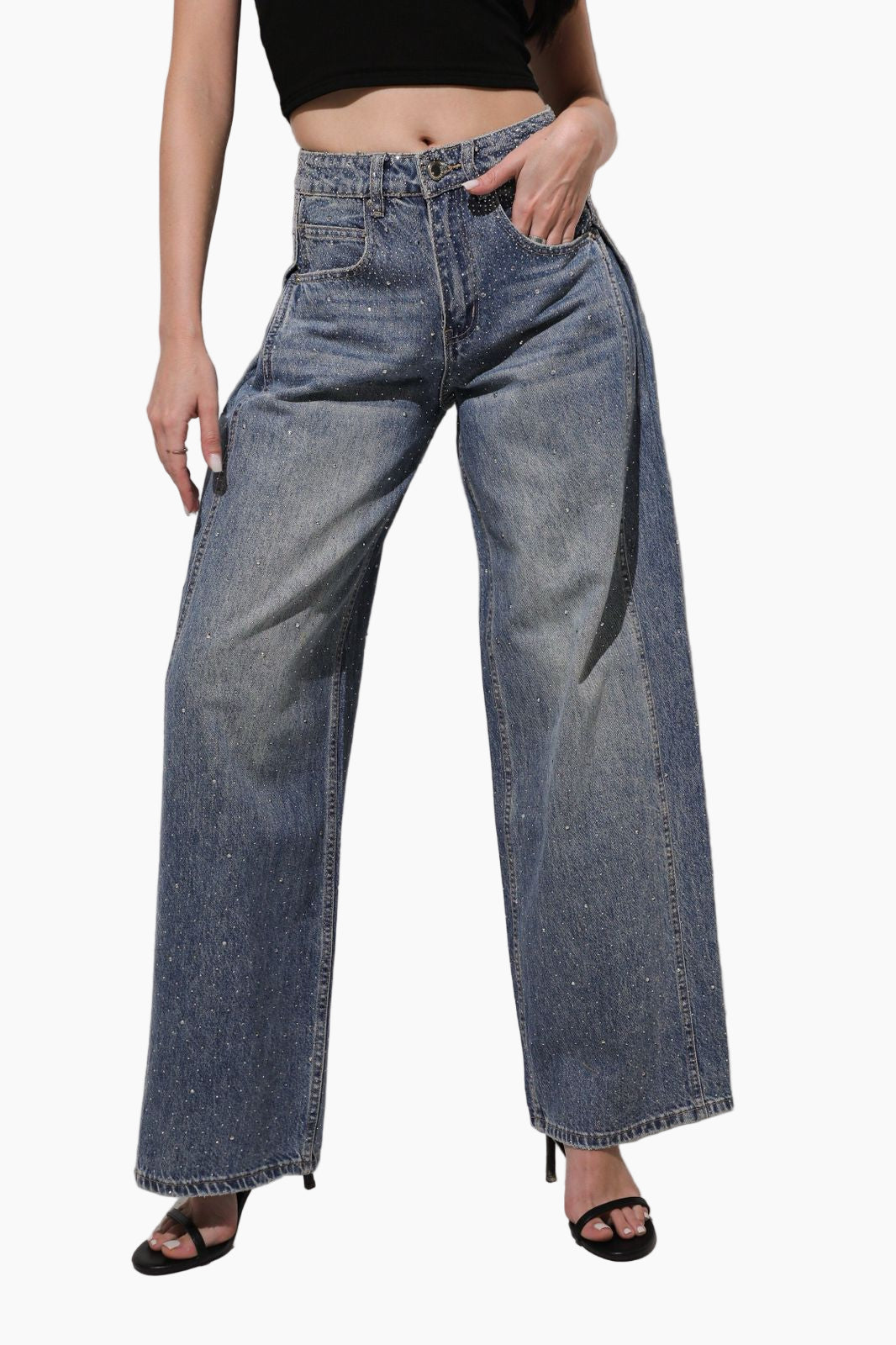 Person wearing wide-leg jeans