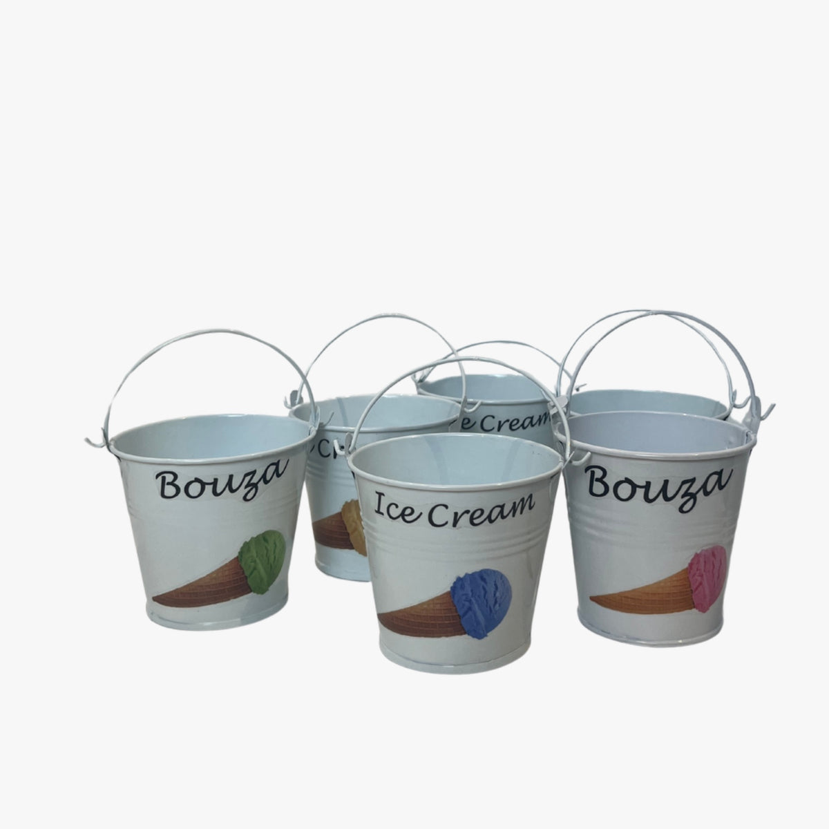 A set of six white metal buckets with the text 'Bouza Ice Cream' printed on them, each with a different color marking inside.