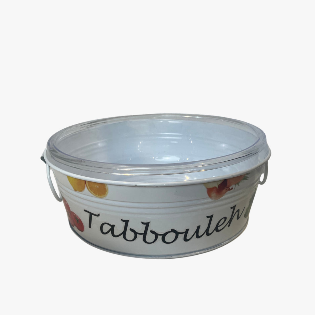 A white metal serving bowl with a clear plexi lid, labeled 'Tabbouleh' on the side, suggesting a use for serving a Middle Eastern herb salad.
