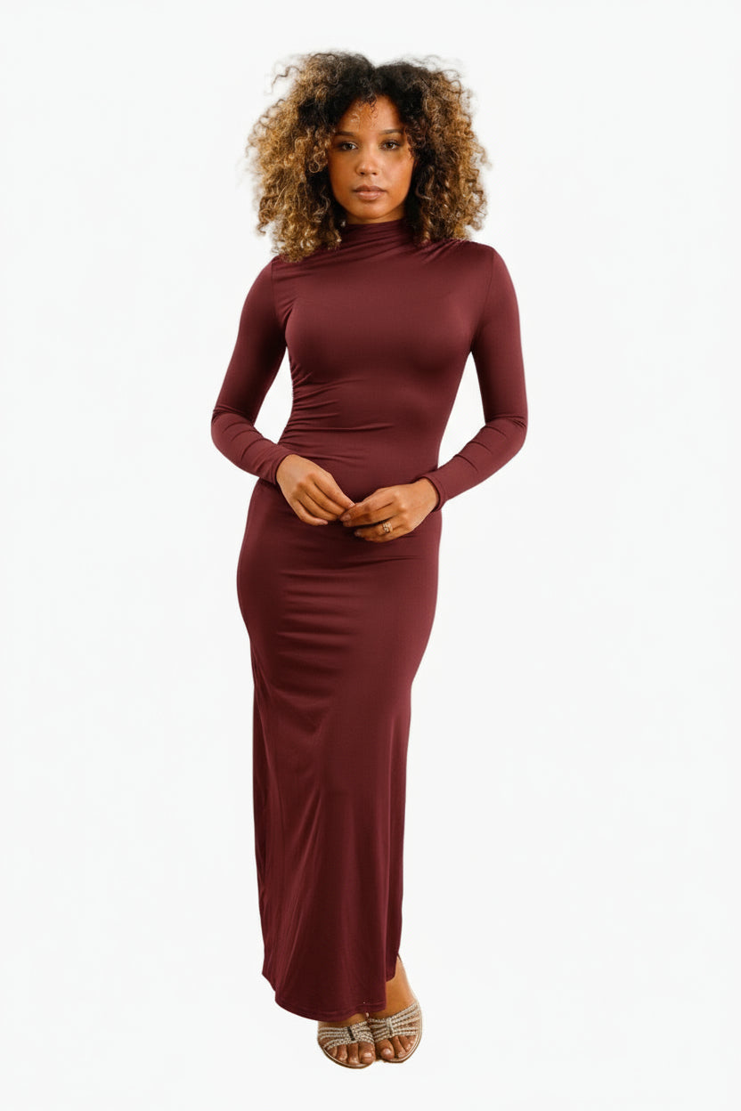 Woman wearing a burgundy dress