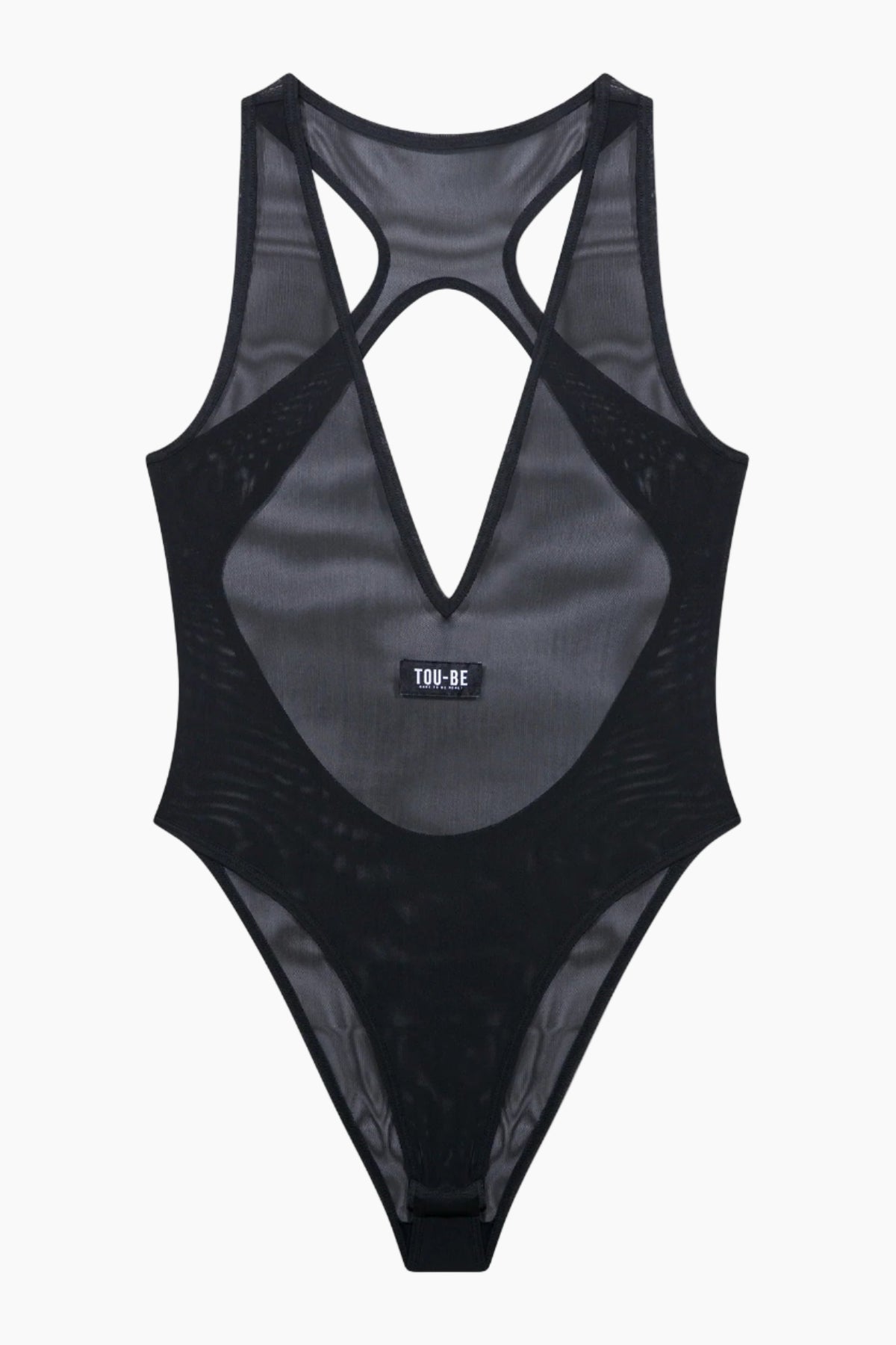 Black swimsuit with open back design