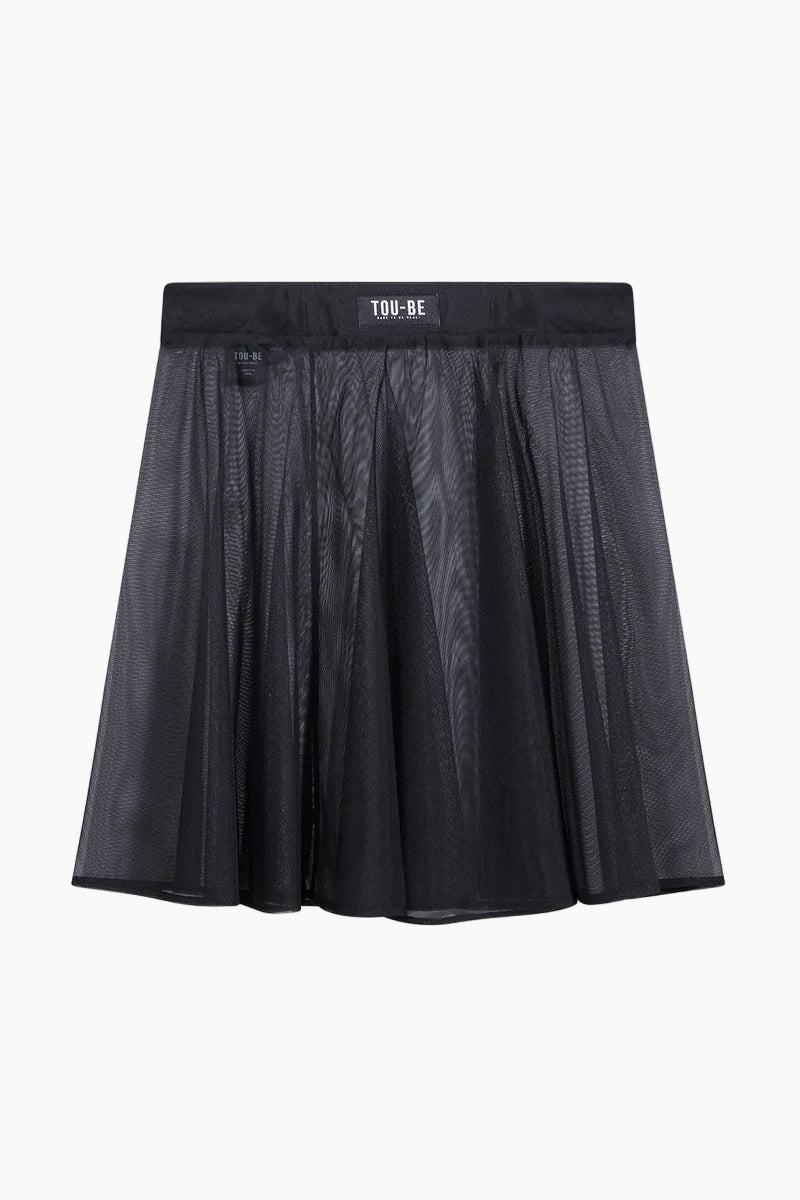 Black skirt with a brand label TOO-BE