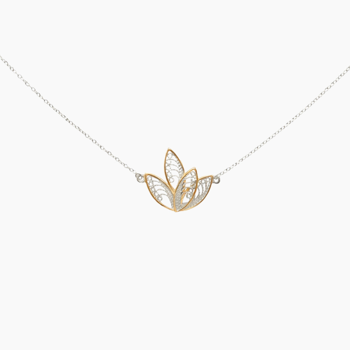Gold lotus flower pendant on a silver chain