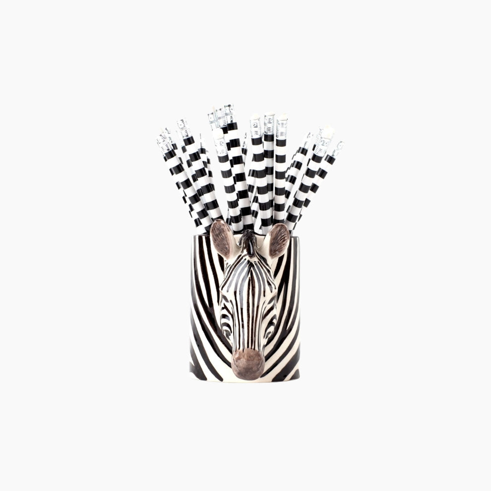 Zebra-themed paper straws with black and white checkered pattern in a holder