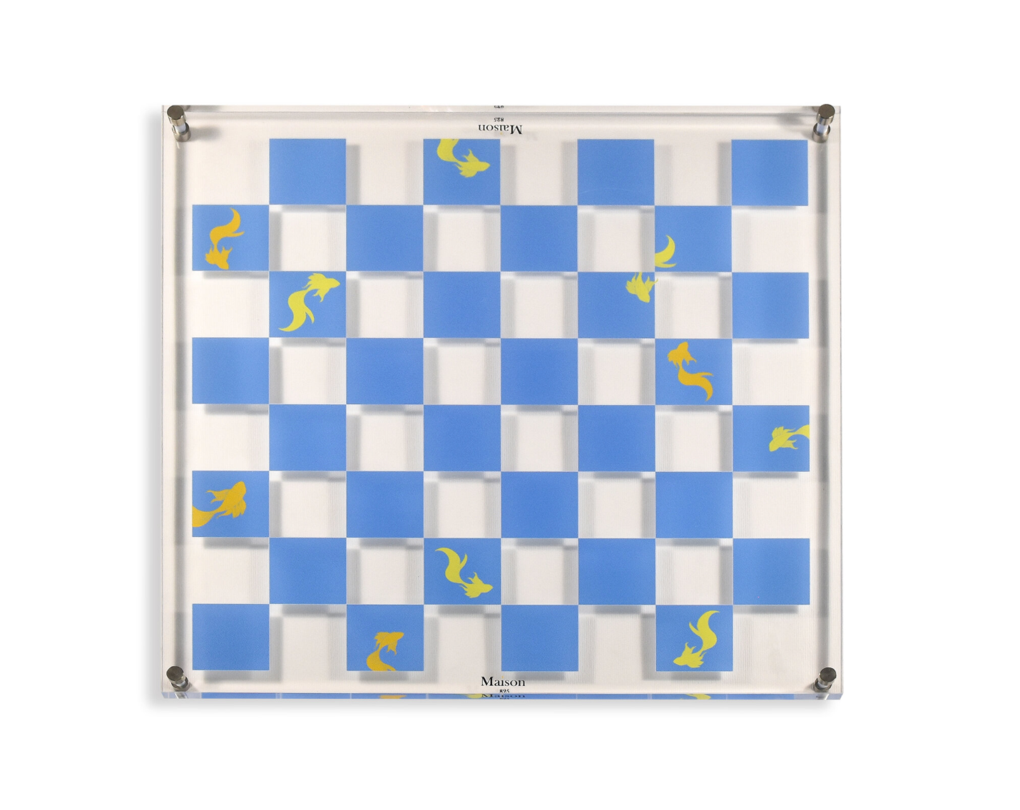 Acrylic chess board with blue and white squares and yellow koi fish pieces.