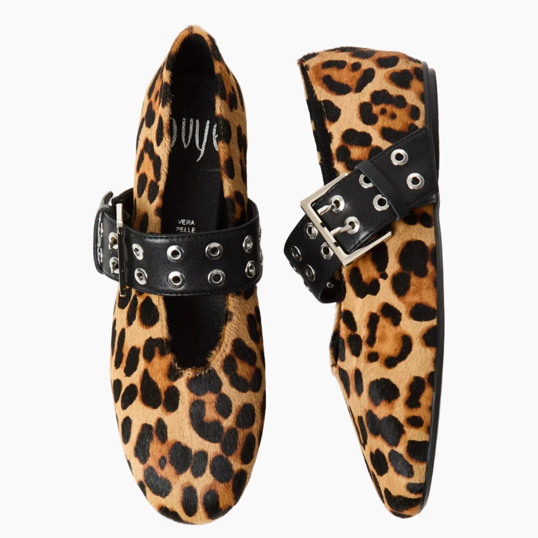 Leopard print loafers with black buckles