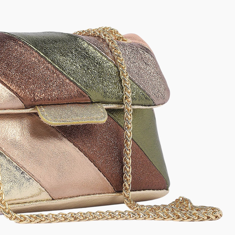 Multicolored patchwork handbag with a gold chain