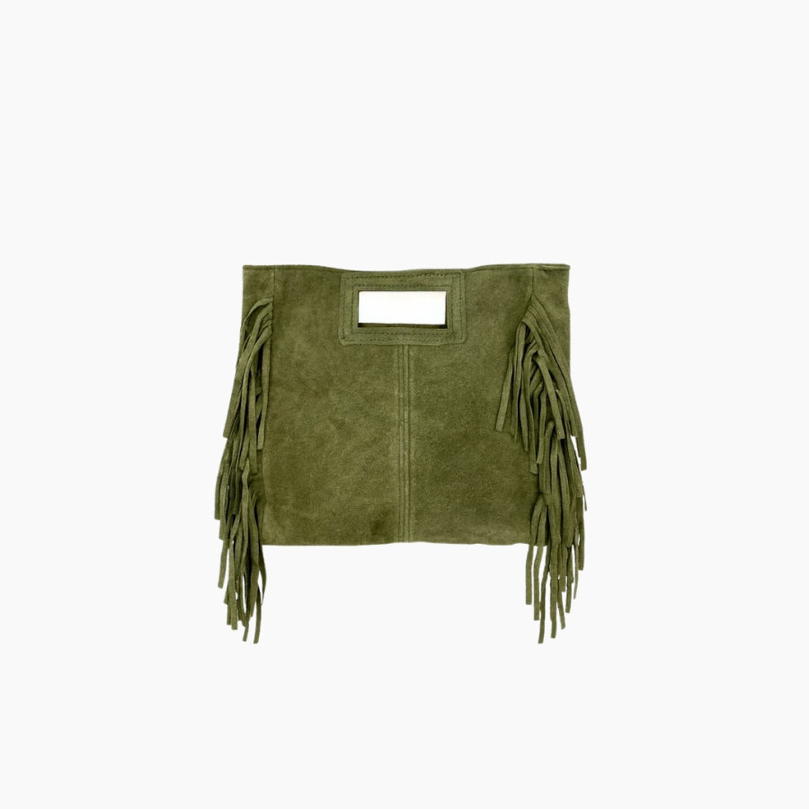 Green suede handbag with fringe details