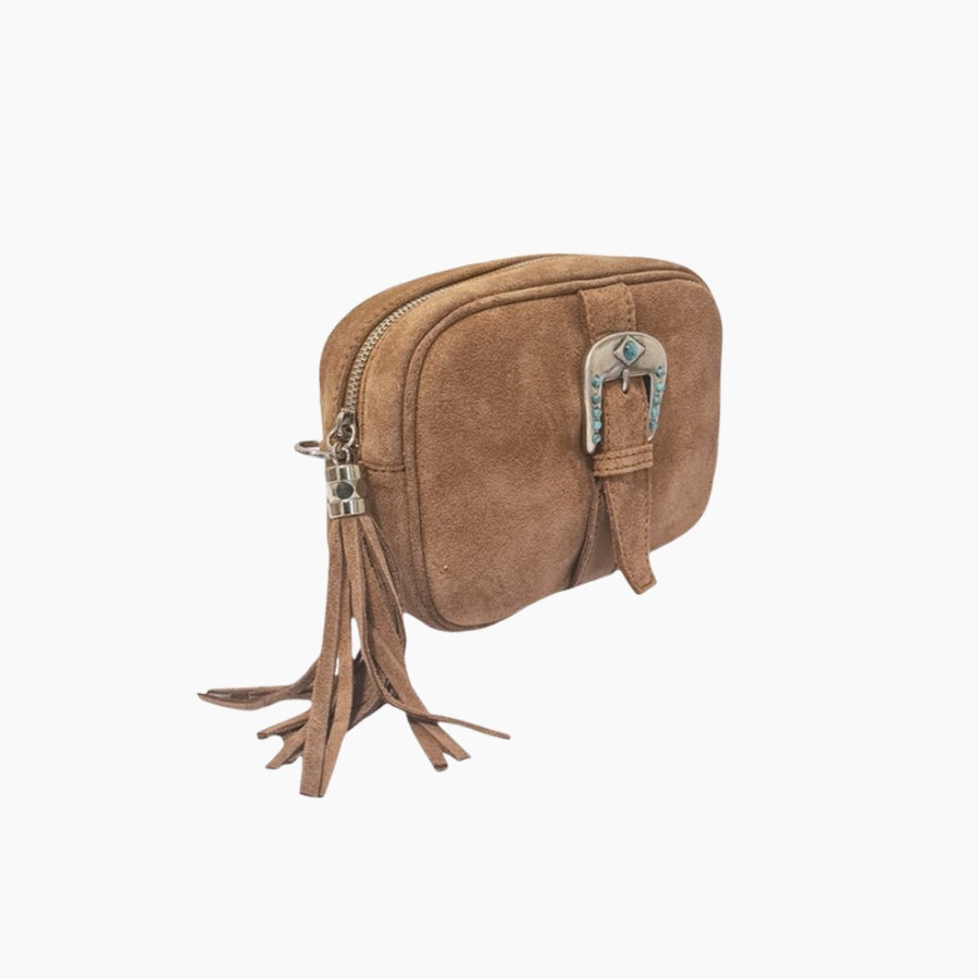 Brown suede handbag with tassels
