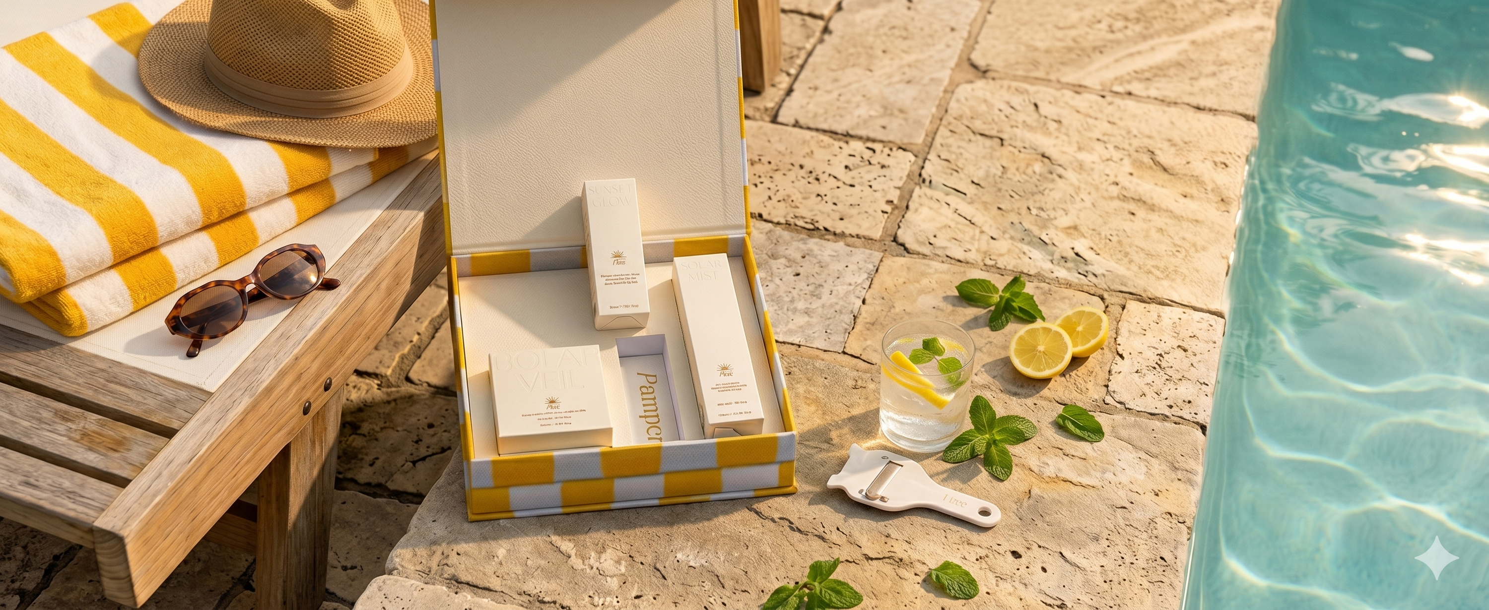 Outdoor setting with a yellow and white striped towel, sunglasses, and a box by a poolside.