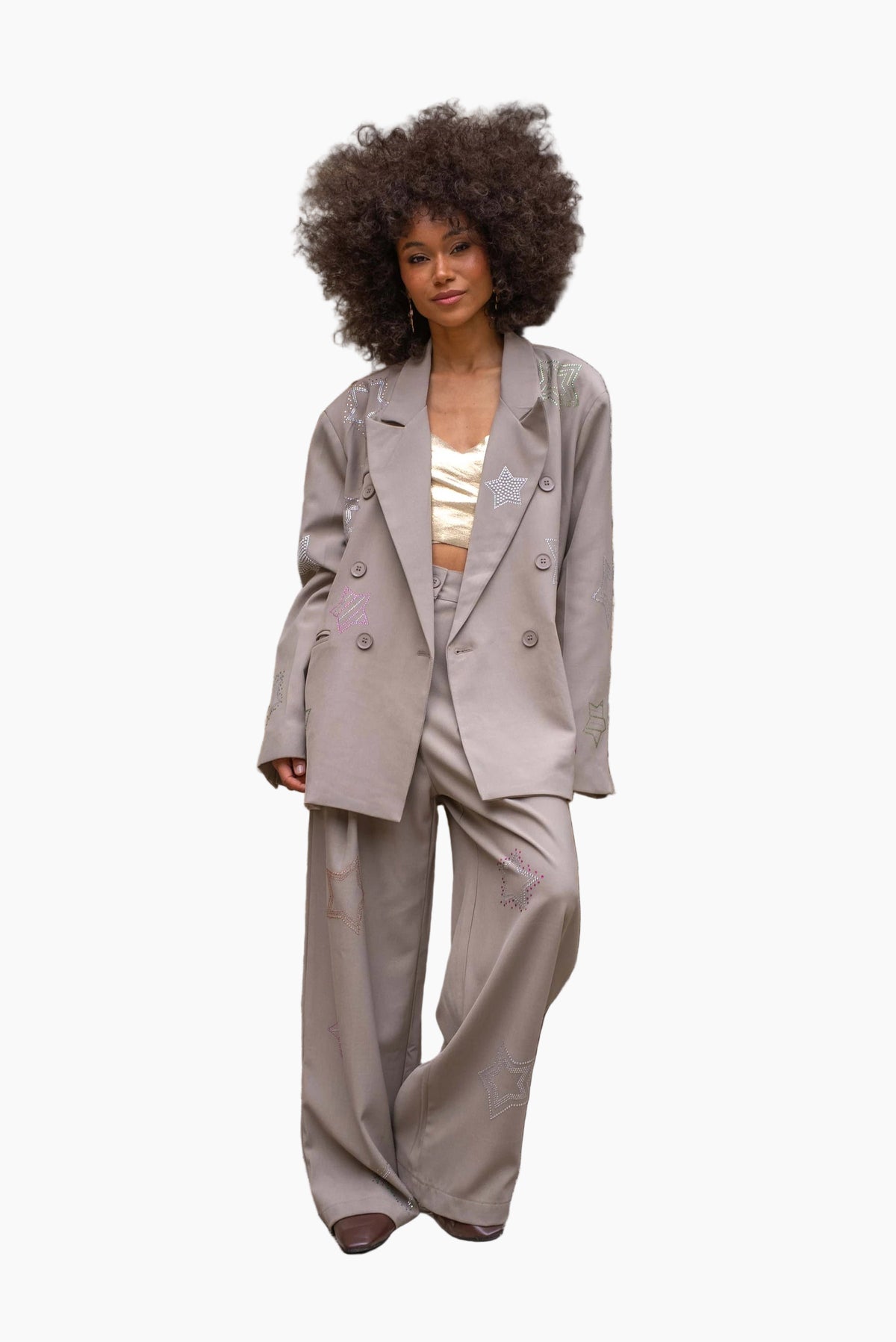 Woman in a beige suit
