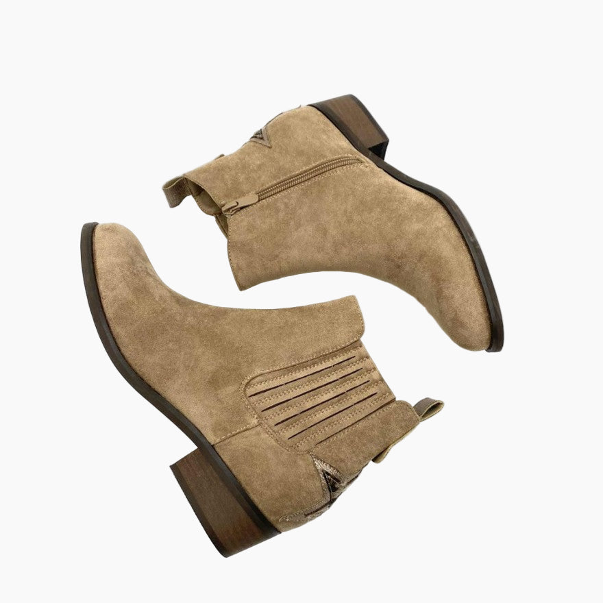 Pair of tan suede ankle boots with brown soles