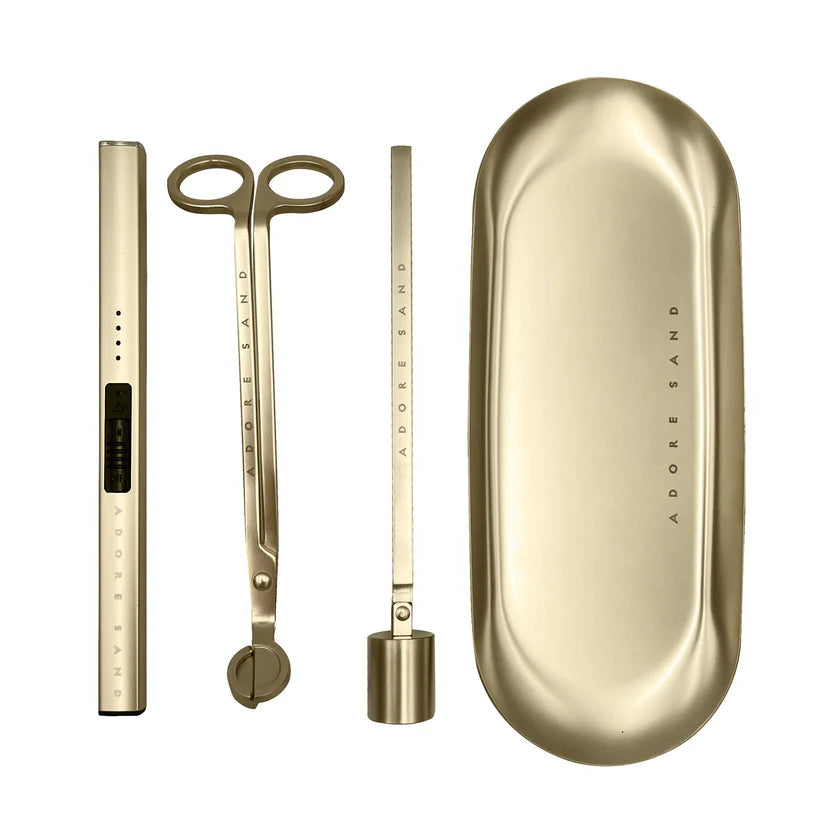 Matte Gold Wick Trimmer: Maintain an even burn and reduce soot by trimming your wicks with precision.
Matte Gold Wick Snuffer: Safely extinguish flames without smoke, ensuring a clean and elegant candle care routine.
Matte Gold Electric Lighter: Rechargeable and sleek, this lighter offers a modern, flameless way to light your candles.
Matte Gold Tray: A sophisticated base to keep your tools organized while adding a touch of elegance to your décor.
Type-C Cable: Conveniently charge your electric lighter for