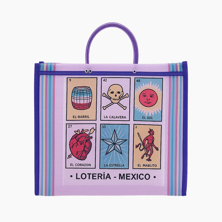 Reusable shopping bag with Loteria Mexico designs on a white background