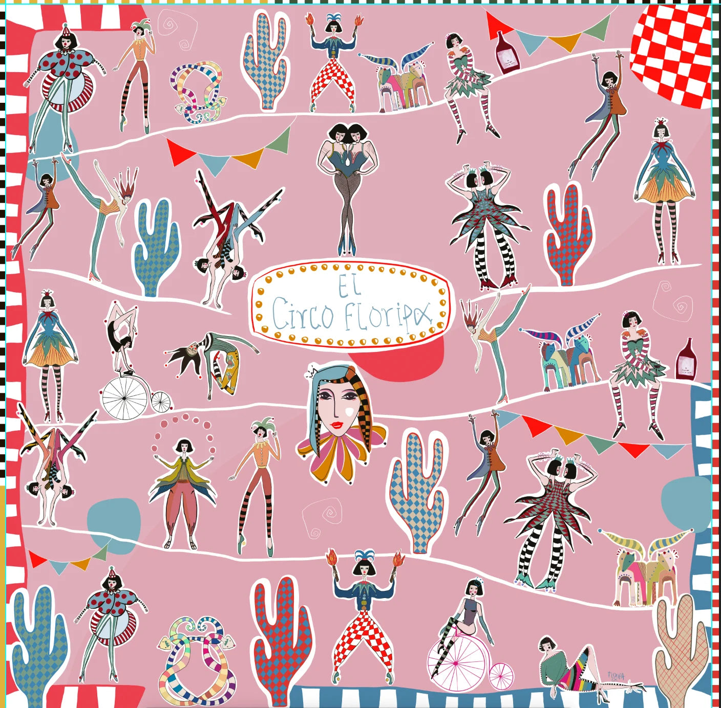 Illustrated pattern with characters and elements from 'El Circo Floripax' on a pink background