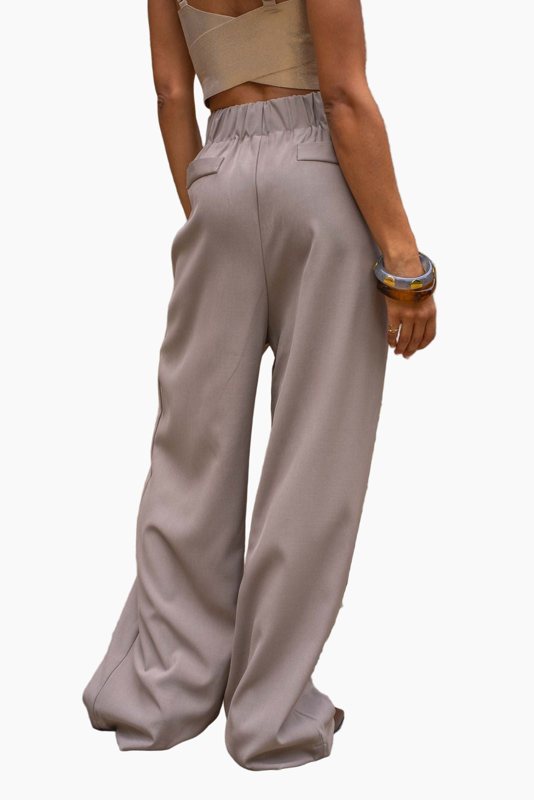 Beige wide-leg pants with an elastic waistband