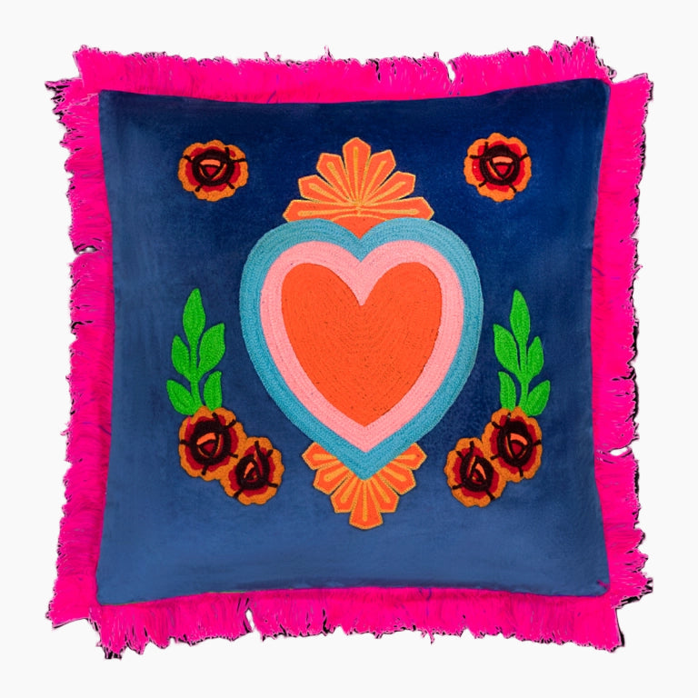 HD0705 Cushion Milagro Heart Fringes D.Blue