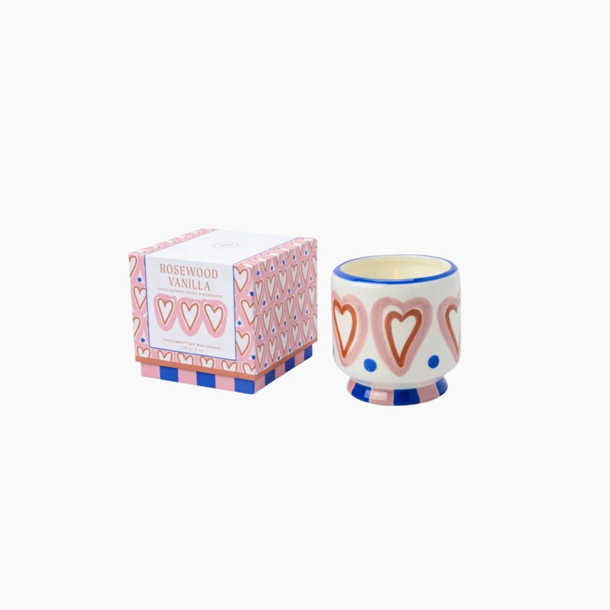 Ceramic mug with heart design and matching packaging on a white background