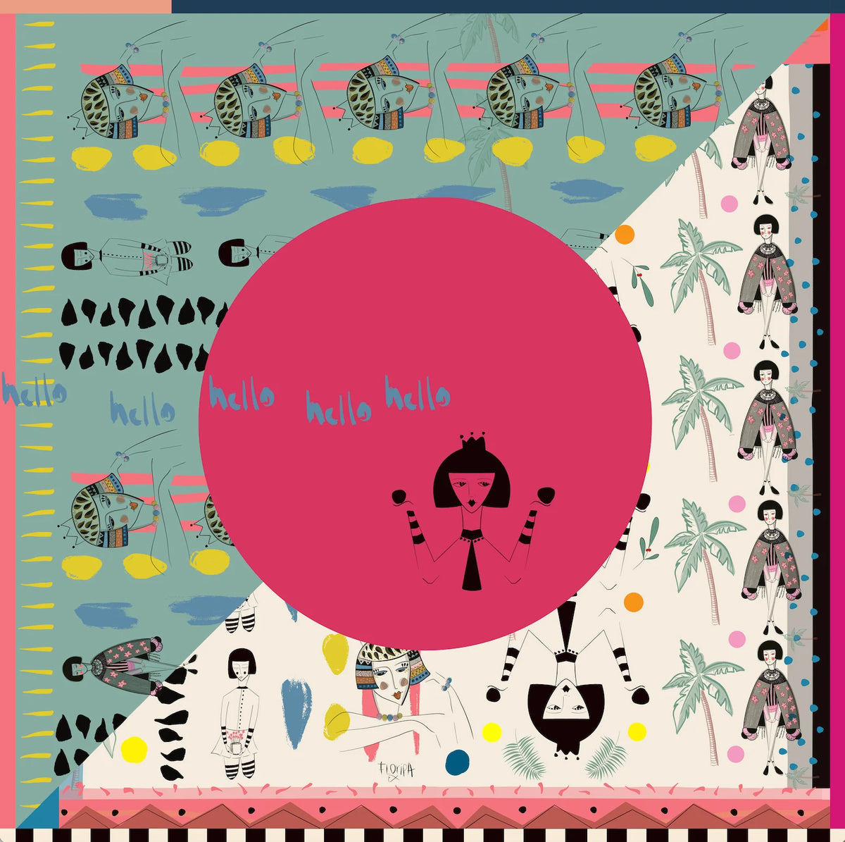Colorful scarf with patterns and a central pink circle featuring text.