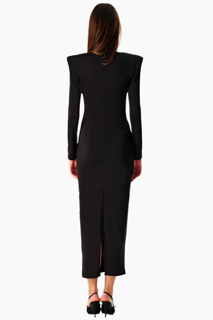 Black long-sleeve dress with a slit