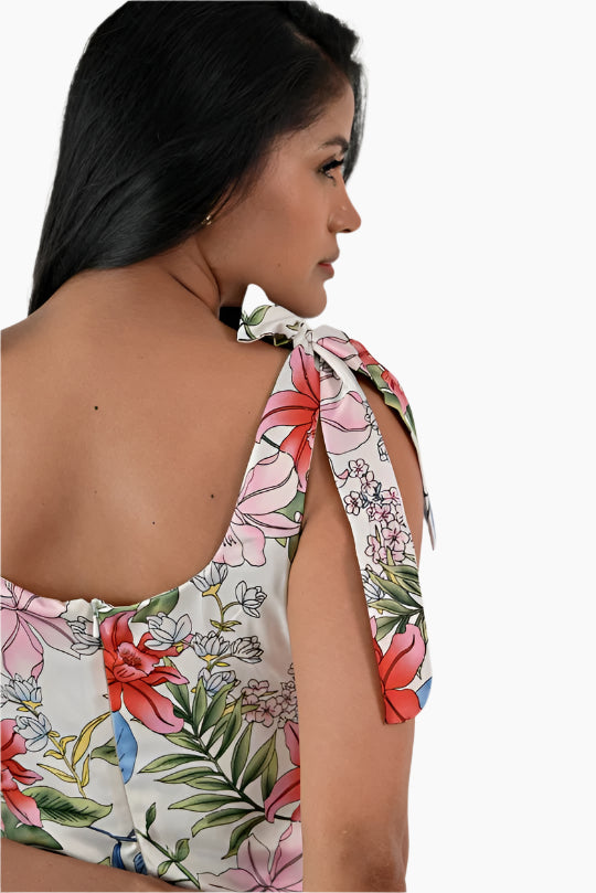 Woman wearing a long floral dress