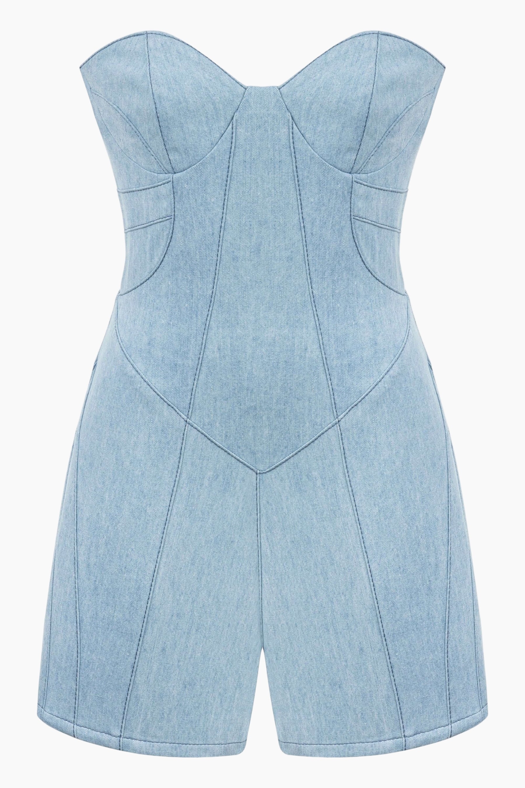 Light blue strapless romper on a white background