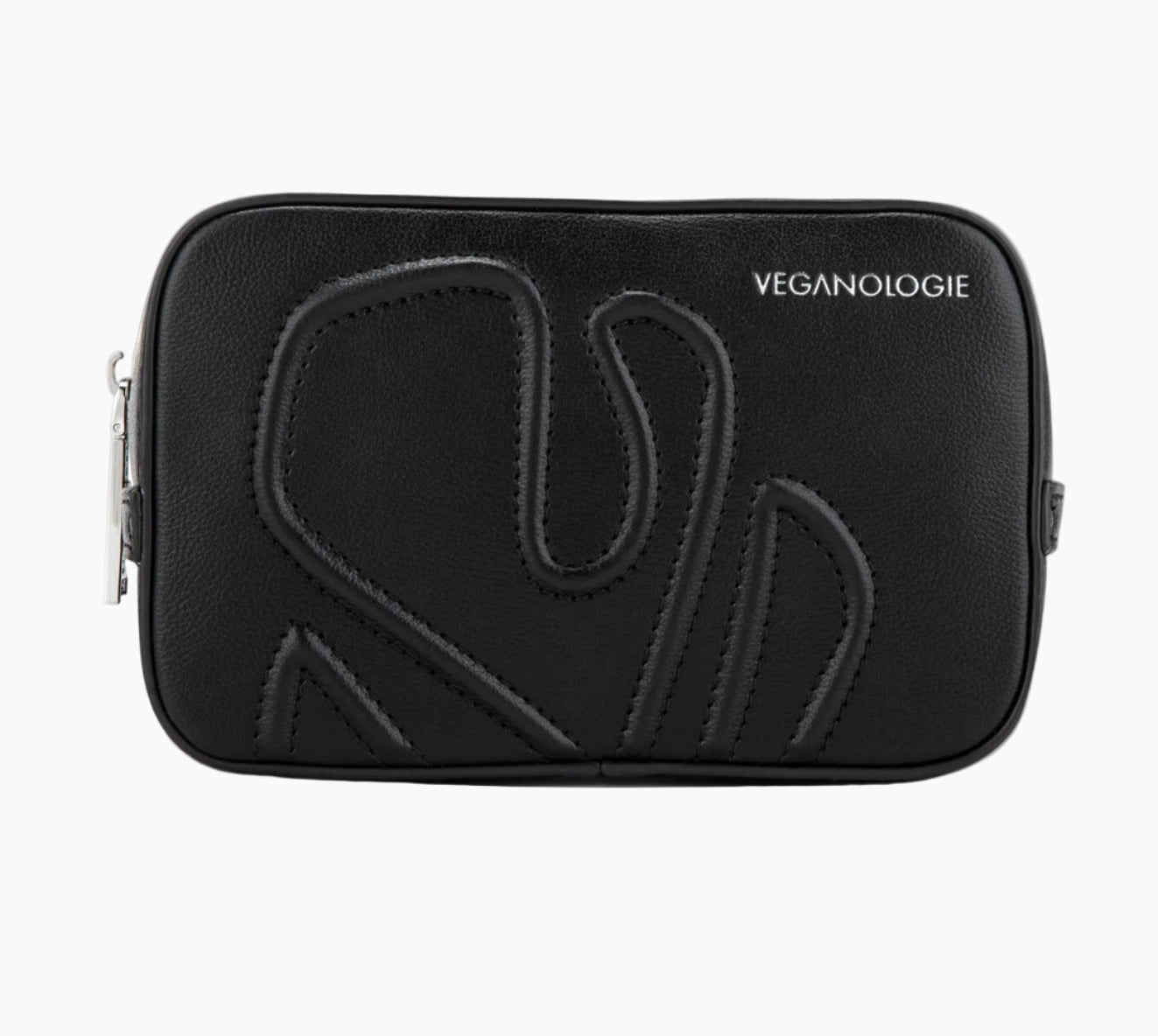 Black pouch with 'Veganologie' branding on a white background