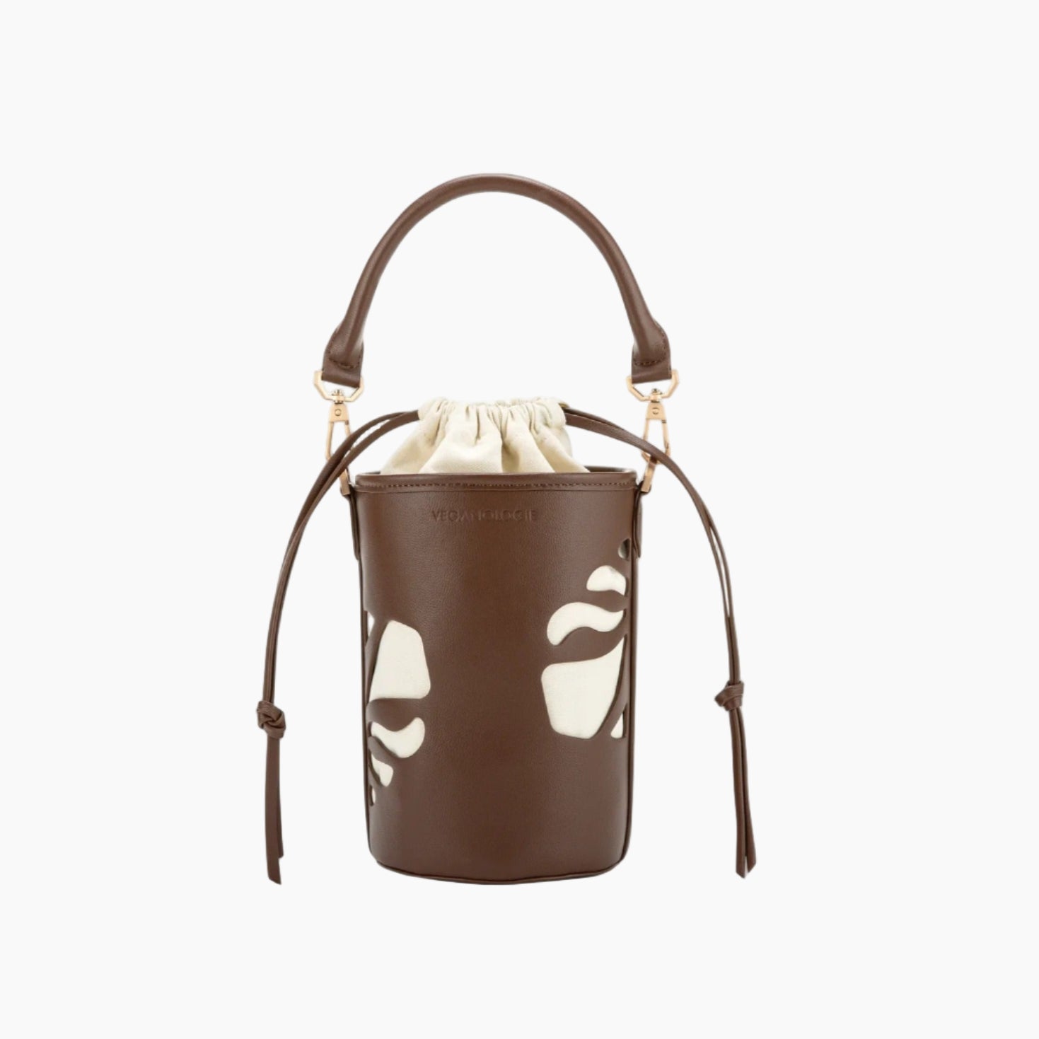 Brown bucket bag with white floral patterns on a white background