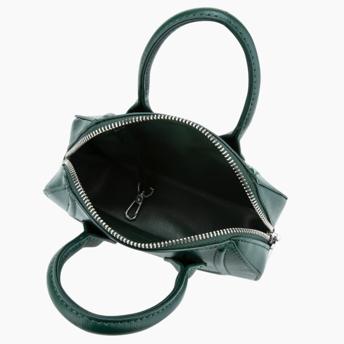 Green handbag with a zipper on a white background