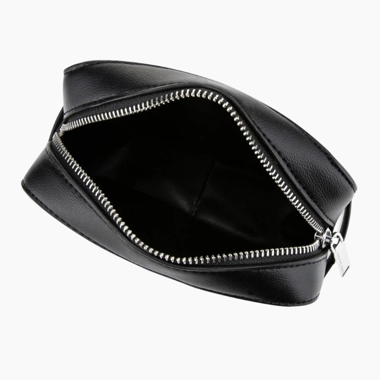 Black leather bag with a zipper on a white background