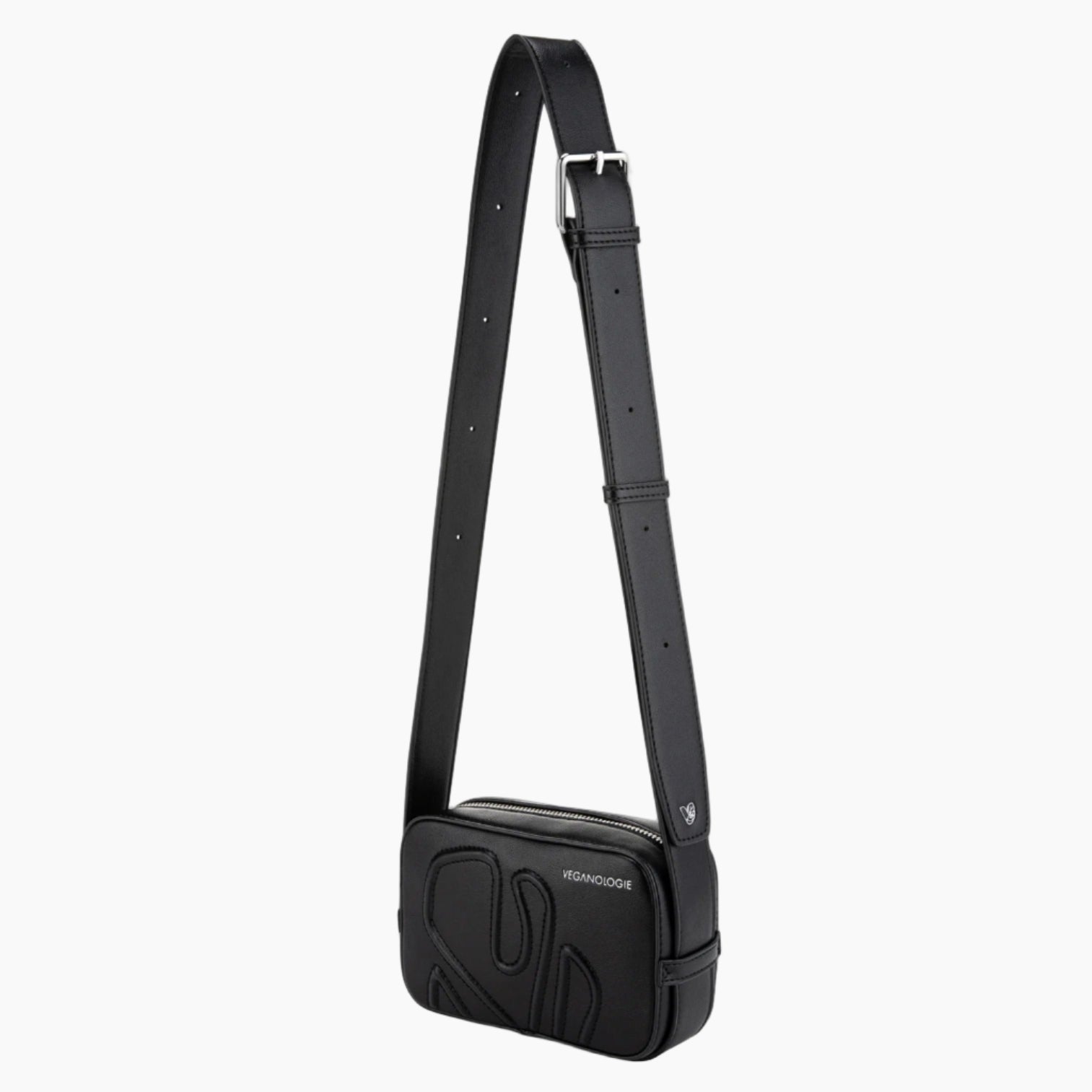 Black crossbody bag with a visible brand logo on a white background