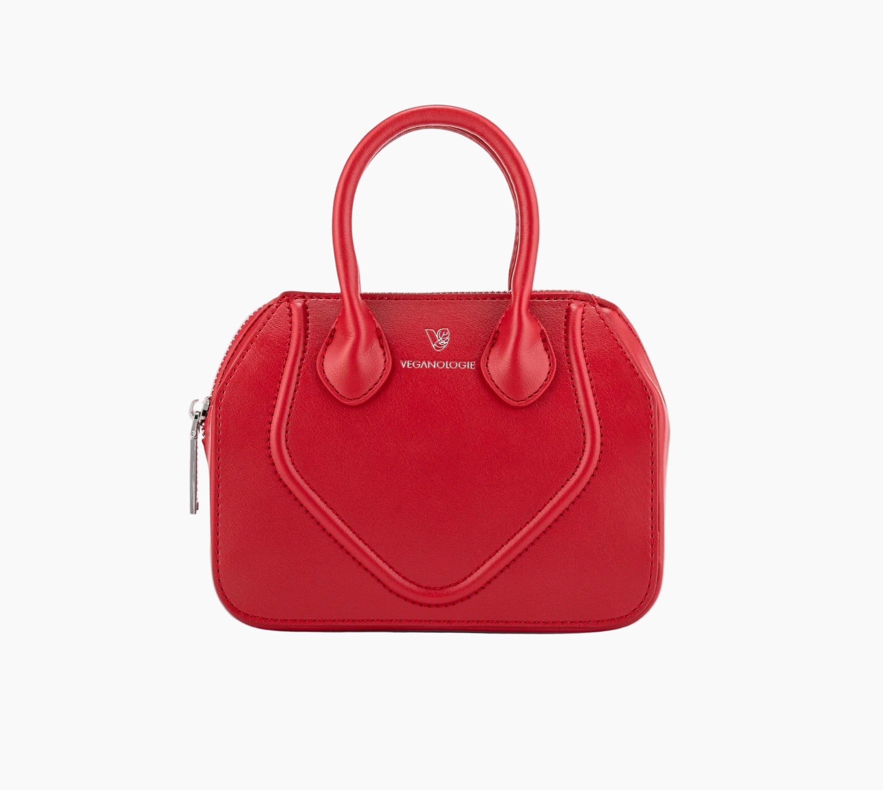 Red handbag with a heart-shaped design on a white background
