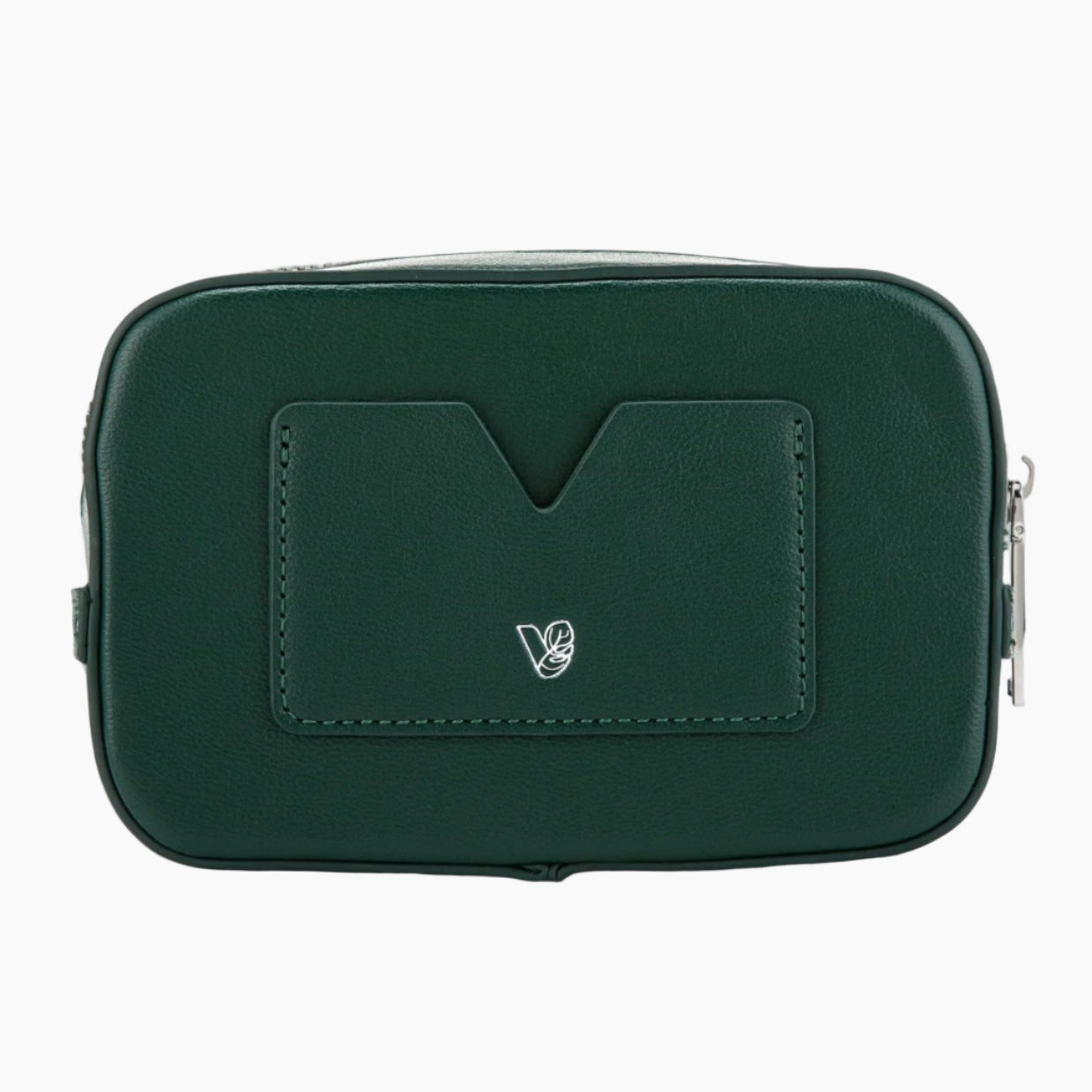 Green pouch with a brand logo on a white background